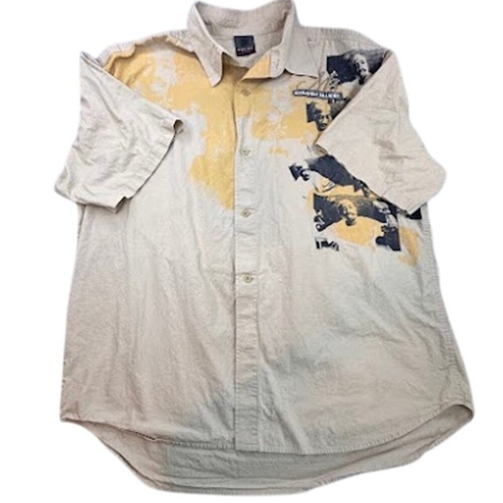 Makaveli Branded Tupac Short Sleeve Button Up Shirt XXL Tan Cotton Hip Hop Y2K